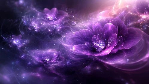 Luminous purple blossoms drifting through a dreamy galaxy.