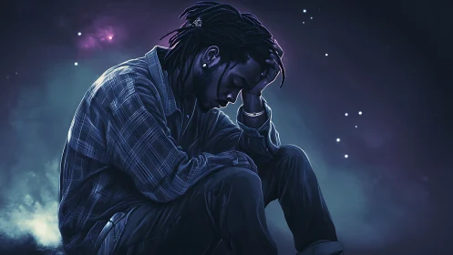 Pensive man under cosmic sky contemplates in quiet sorrow.