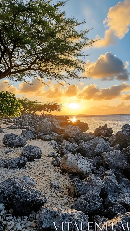 Molten coral path under a honeyfire ocean sunset sky.
