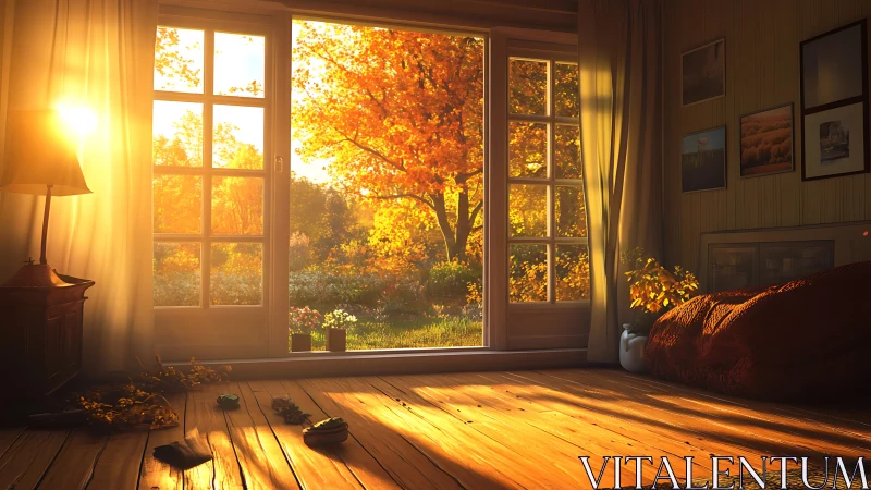 Autumn sunlight flooding interior through panoramic terrace doors.