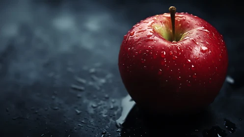 Glistening red apple resting on a moody midnight counter.