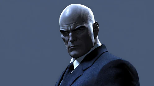 Bald stern man in dark suit against plain blue backdrop.