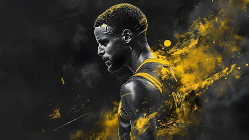 Basketball player profile framed by dynamic yellow splashes