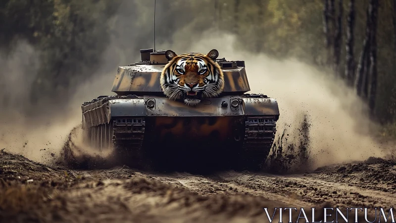 Tiger headed tank charging through dusty forest trail.