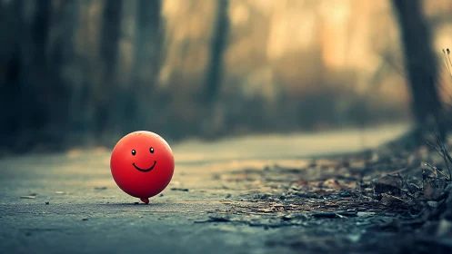 Cheerful red ball on a deserted forest pathway at dusk.