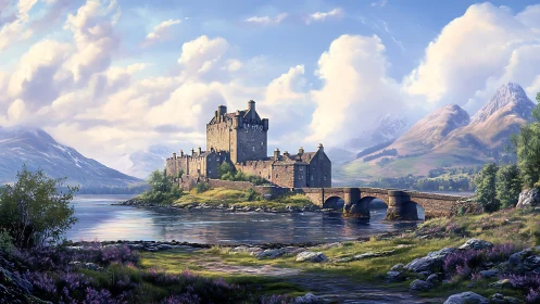 Sunlit stone castle rises over tranquil highland loch