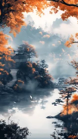 Autumn mist shrouds tranquil mountain lake and temple.