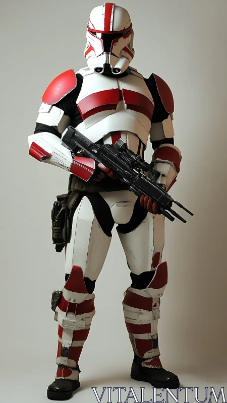 Scarlet-armored space trooper stands in stark studio silence.