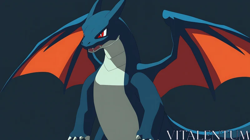 Cel-shaded blue dragon with orange wings on dark ground