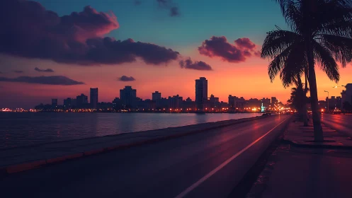 Sunset boulevard lines glow beside a tranquil coastal city.