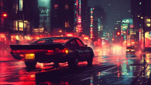 Neon-soaked muscle car on rain-slick cyberpunk city street.