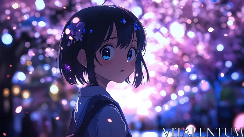 Soft spring twilight surrounds a shy girl under cherry trees