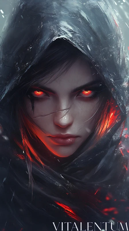 Hooded ember-eyed sorceress emerging from stormlit shadows.