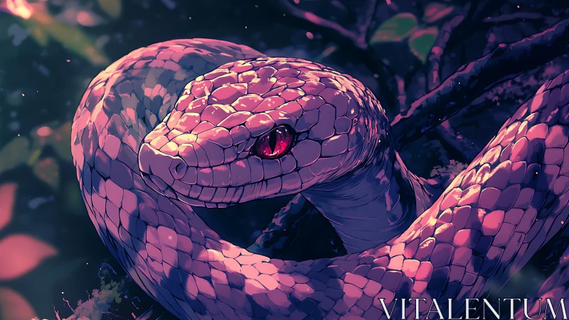 Bioluminescent serpent coils along forest branch under dusk light