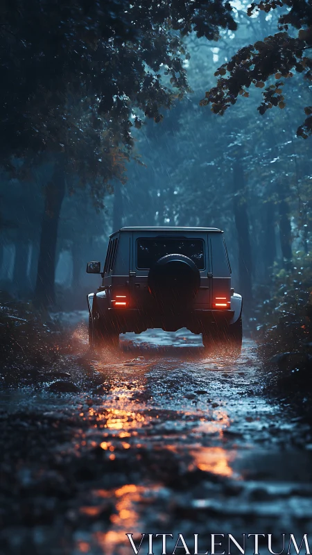 Off-road vehicle moves along wet forest trail at dusk