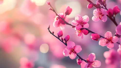 Pink cherry blossoms on branches with soft bokeh background.