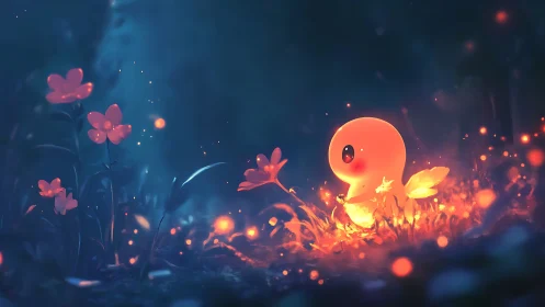 Gentle fire creature quietly illuminates an enchanted forest