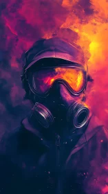 Lone wanderer in neon smoke and glowing firelight.