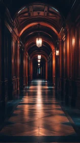 Symmetrical wooden arcade corridor with reflective parquet lighting