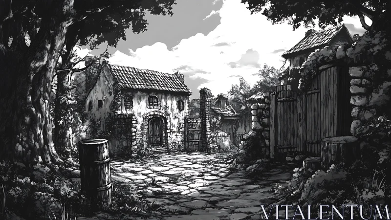 Quiet stone cottage lane washed in soft country sunlight.