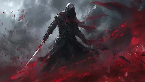 Hooded dark warrior commands blood-red storm with blade