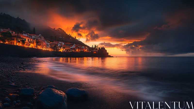 Fiery coastal village skyline mirrored on twilight surf.