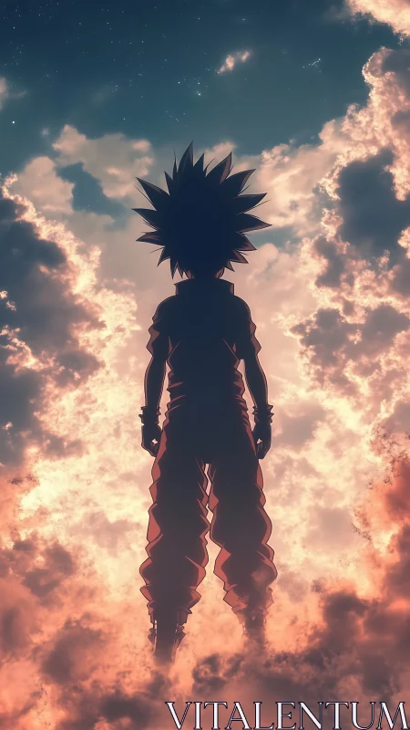 Starlit spike haired warrior rising through burning clouds.