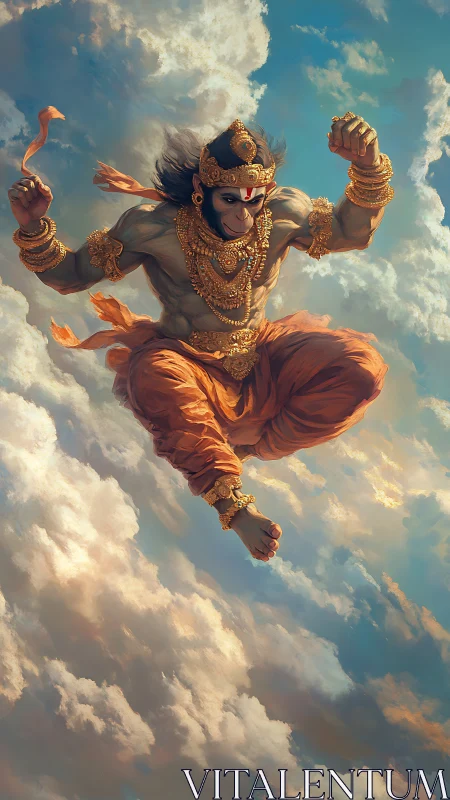 Skyborne monkey warrior punches through painted dawn clouds