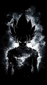 Silhouetted anime warrior in monochrome energy burst.