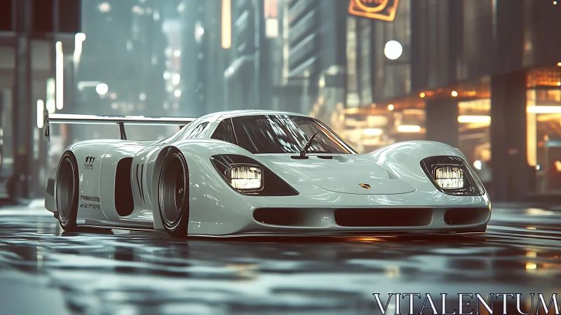 White race car sits on wet city street under night lights