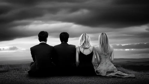 Four figures contemplate vast landscape under stormy sky.