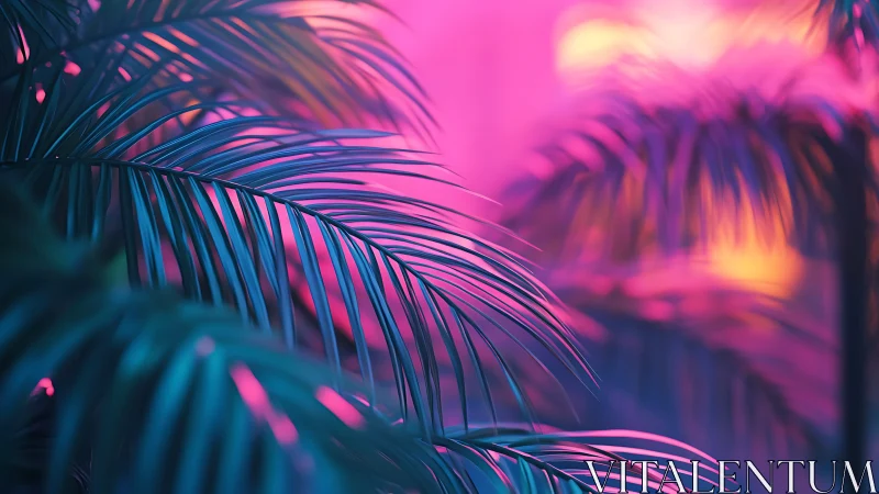 Neon gradient palm fronds under cinematic bokeh lighting