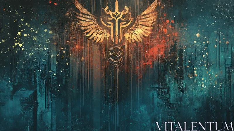 Winged emblem with vertical grunge textures is centrally aligned