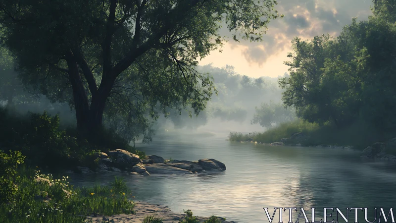 Misty forest river bends through soft dawn light glow.