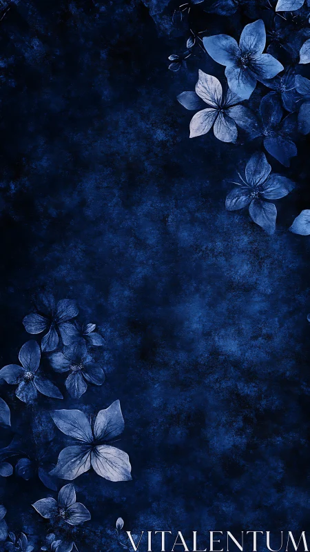 Deep blue floral background with scattered blossoms.