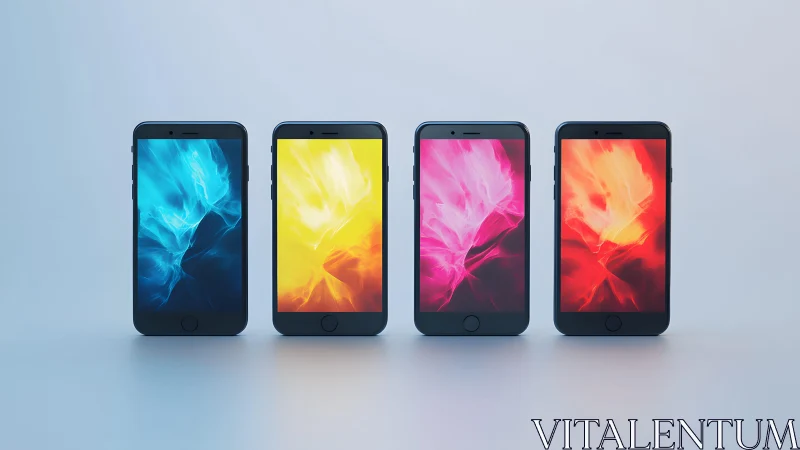 Four smartphones with vibrant abstract wallpapers in minimalistic style.