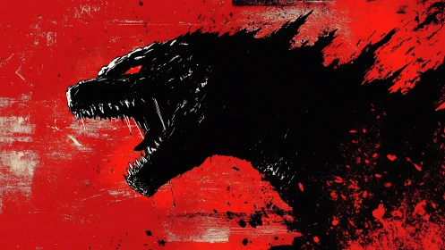 Silhouetted reptilian head rendered in black on red field