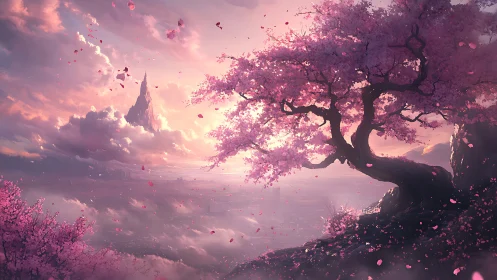 Pink blossom tree above clouds at distant spire peak.