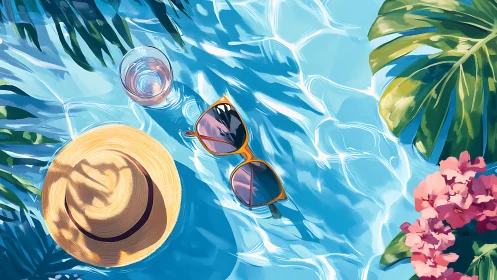 Summer poolside still life with hat, sunglasses, water.