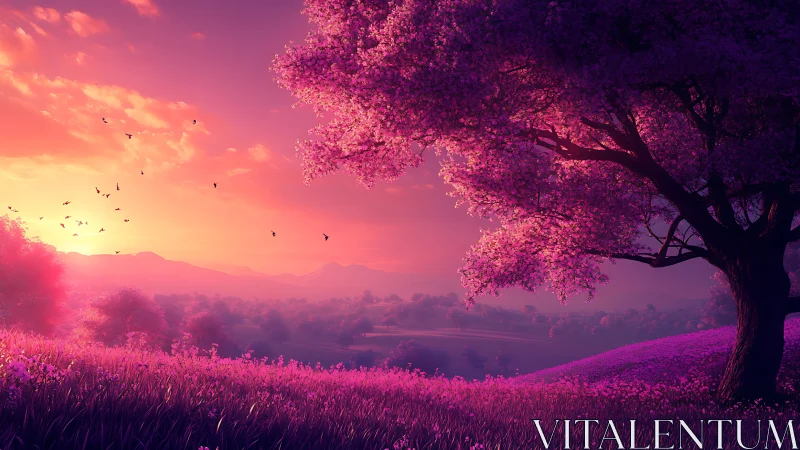 Digitally rendered tree and valley under saturated sunset sky