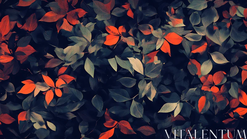 Dense dark foliage with scattered orange autumn leaves.