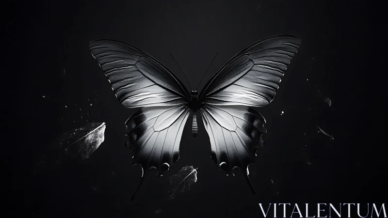 Monochrome butterfly rendered in high contrast on dark background