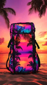 Neon tropical backpack against vivid sunset shoreline.