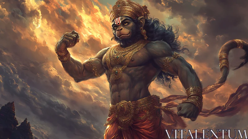 Storm-sculpted monkey warrior flexes beneath blazing heavens