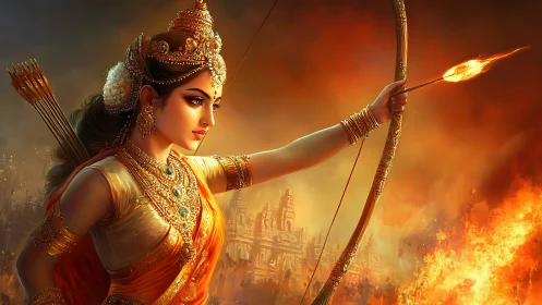 Warrior goddess with flaming arrow over burning cityscape.