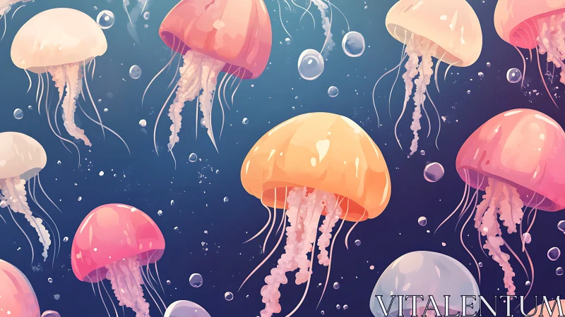 Colorful cartoon jellyfish drifting in deep blue water.