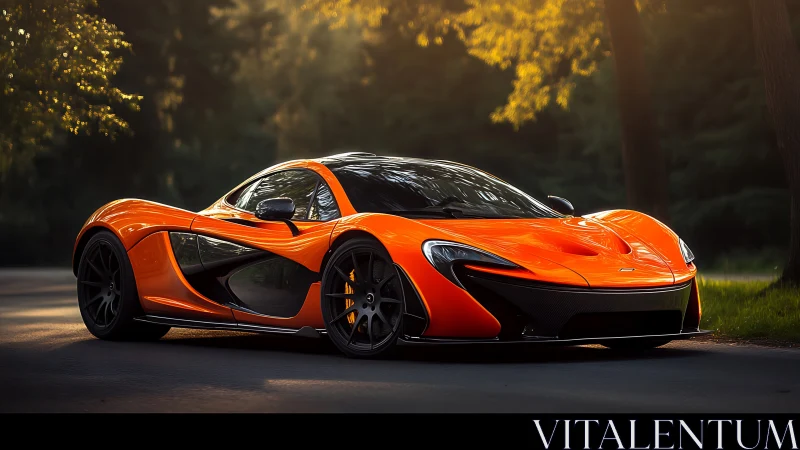 Aerodynamic hypercar in golden-hour forest roadway setting.