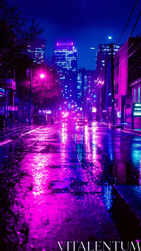 Neon magenta city street in rain with reflective wet asphalt