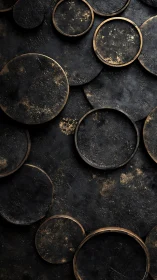 Textured black circles with distressed metallic rings pattern.