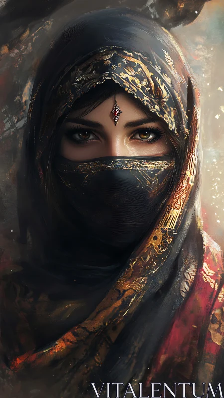 Mysterious veiled woman with golden patterns and gentle gaze.